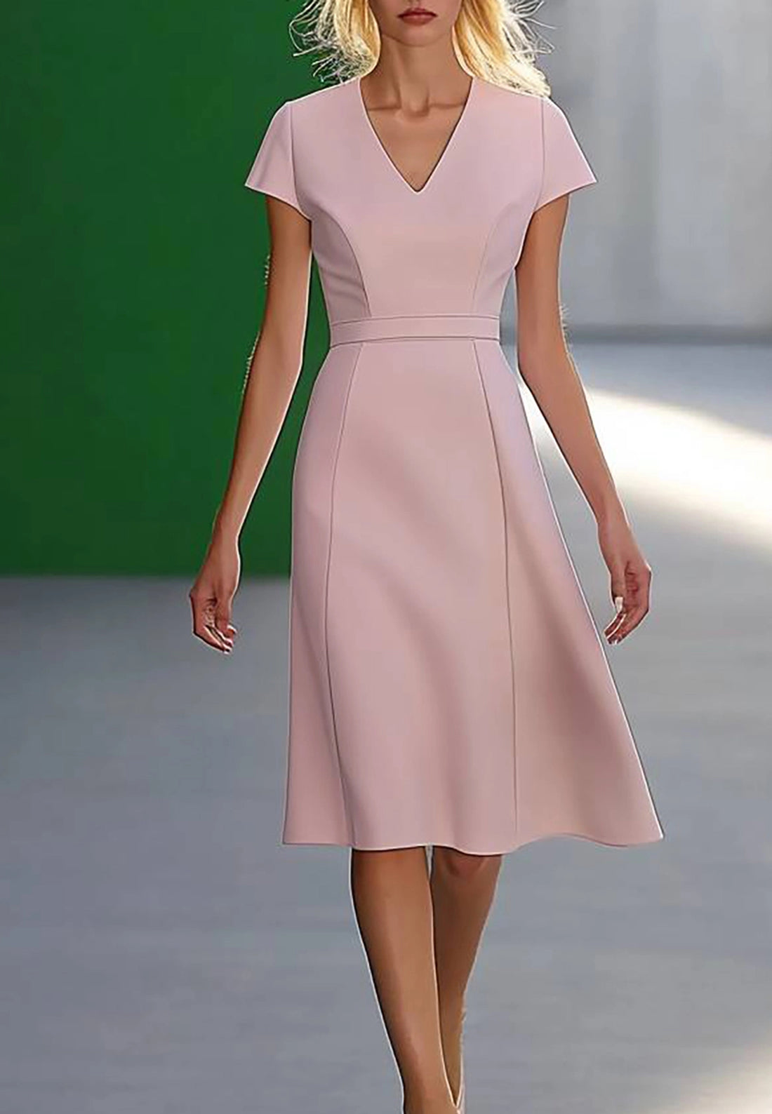 Wedding Guest Semi-Formal Dress Light Pink V-Neck Knee-Length Dress
