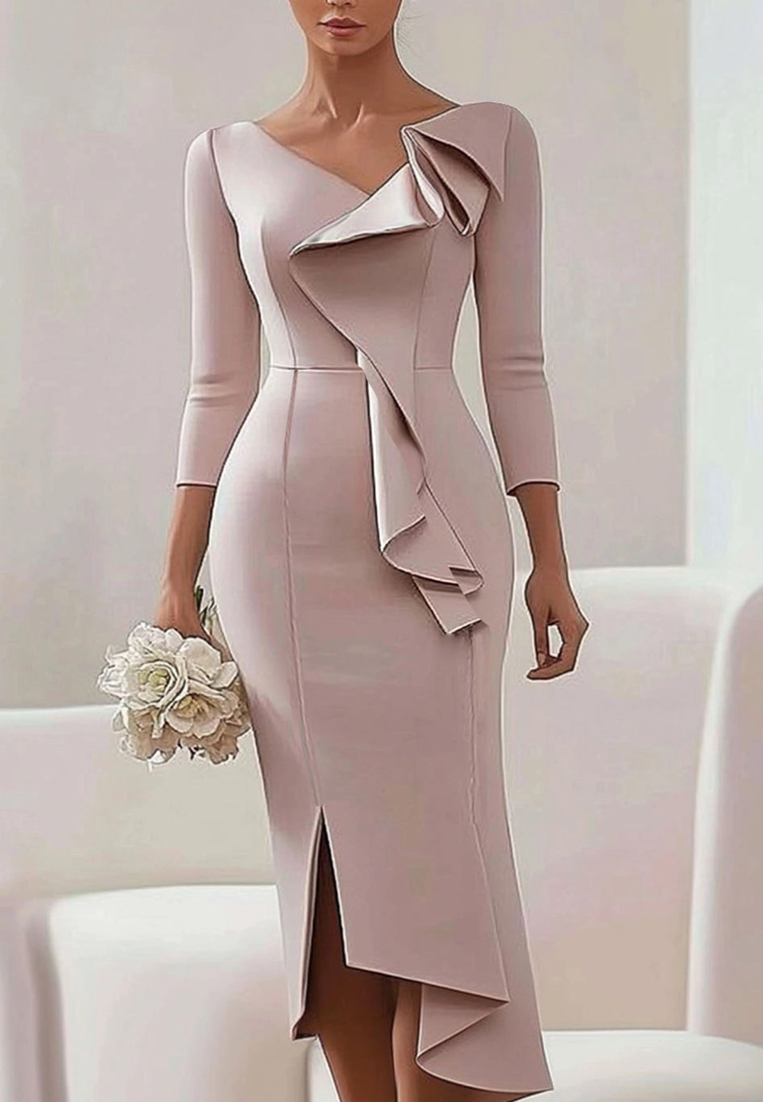 Wedding Guest Work Dress Ruffle V Neck Midi Dress