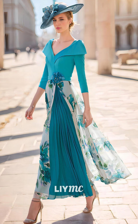 M1063 - Wedding Guest Elegant Elegant Dress V Neck Ankle Length Chiffon Stretch Fabric 34 Length Sleeve