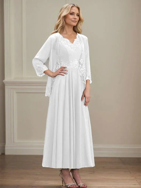 A-line V-Neck Ankle-Length Chiffon Mother of the Bride Dress With Sequins Appliques Lace Beading