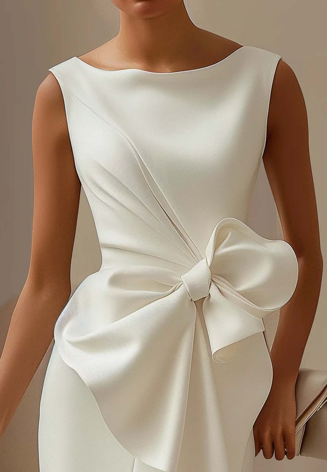 White 3D Bow Sleeveless Sheath Midi Dress