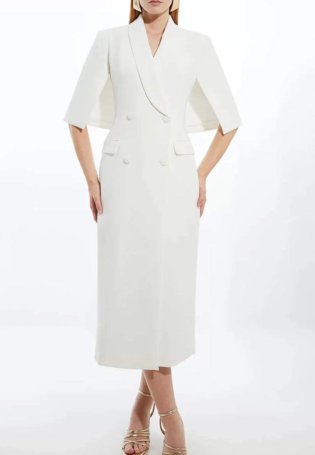 White Cape Sleeve Midi Blazer Dress