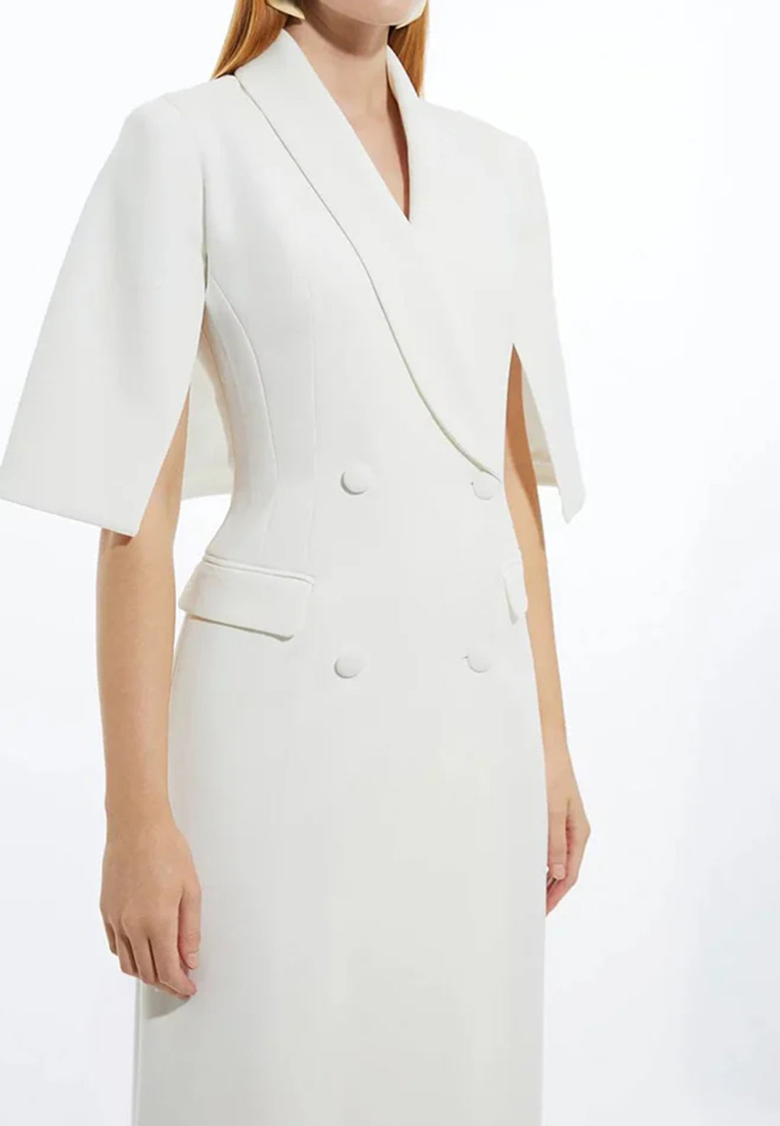 White Cape Sleeve Midi Blazer Dress