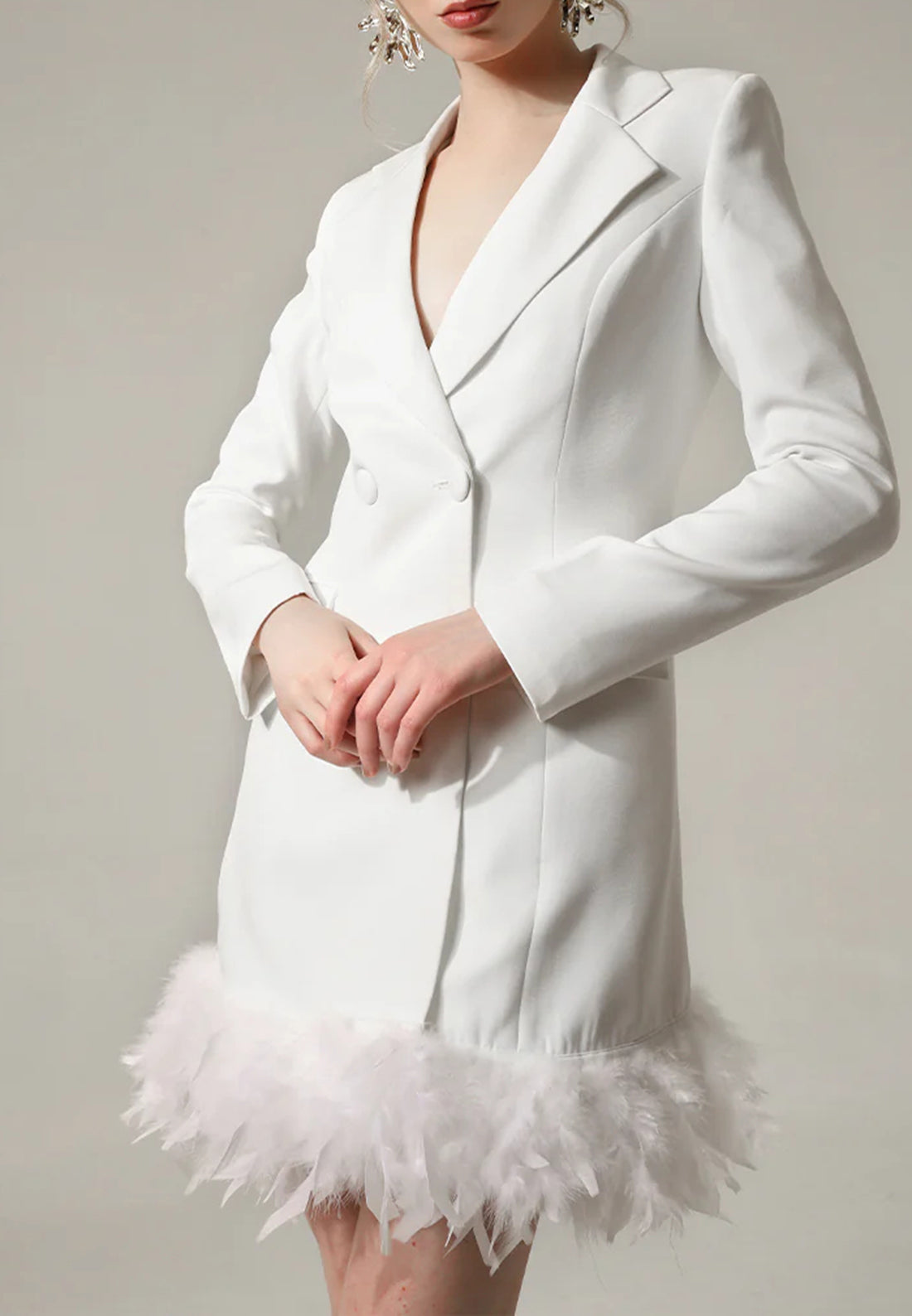 White Feathered Elegance Short Midi Blazer Dress