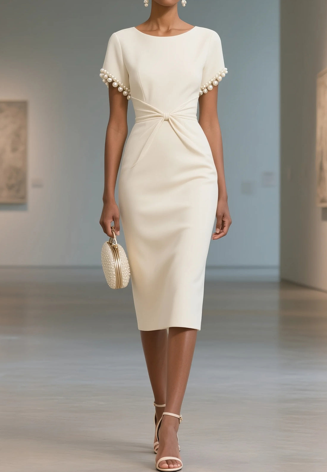 White Imitation Pearls Knot Front Classic Boat Neck Short Sleeve Sheath Midi Dress