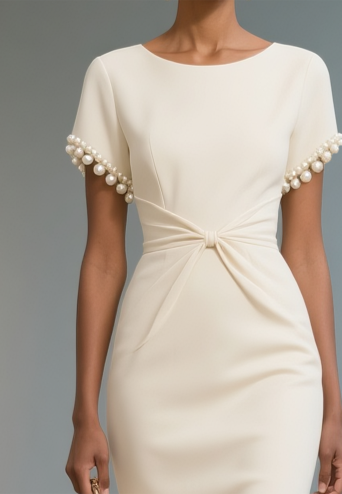White Imitation Pearls Knot Front Classic Boat Neck Short Sleeve Sheath Midi Dress