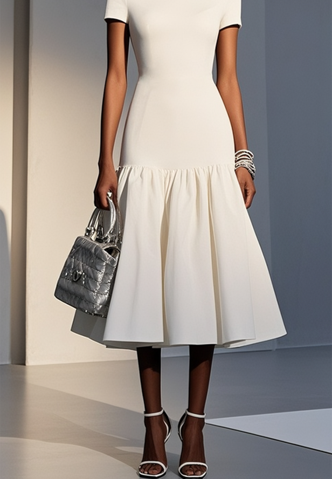 White Knit Cotton Crew Neck Short Sleeve Mermaid Midi Dress