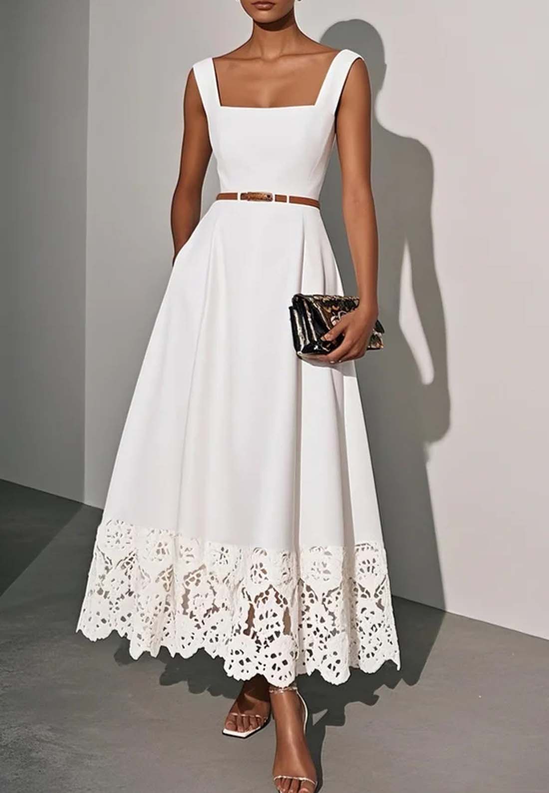 White Lace Classic Square Neck Sleeveless A-Line Maxi Dress