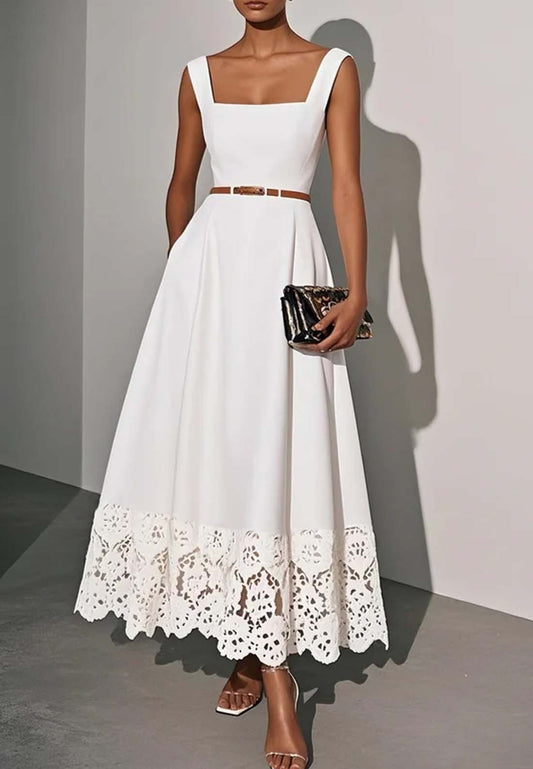 White Lace Classic Square Neck Sleeveless A-Line Maxi Dress