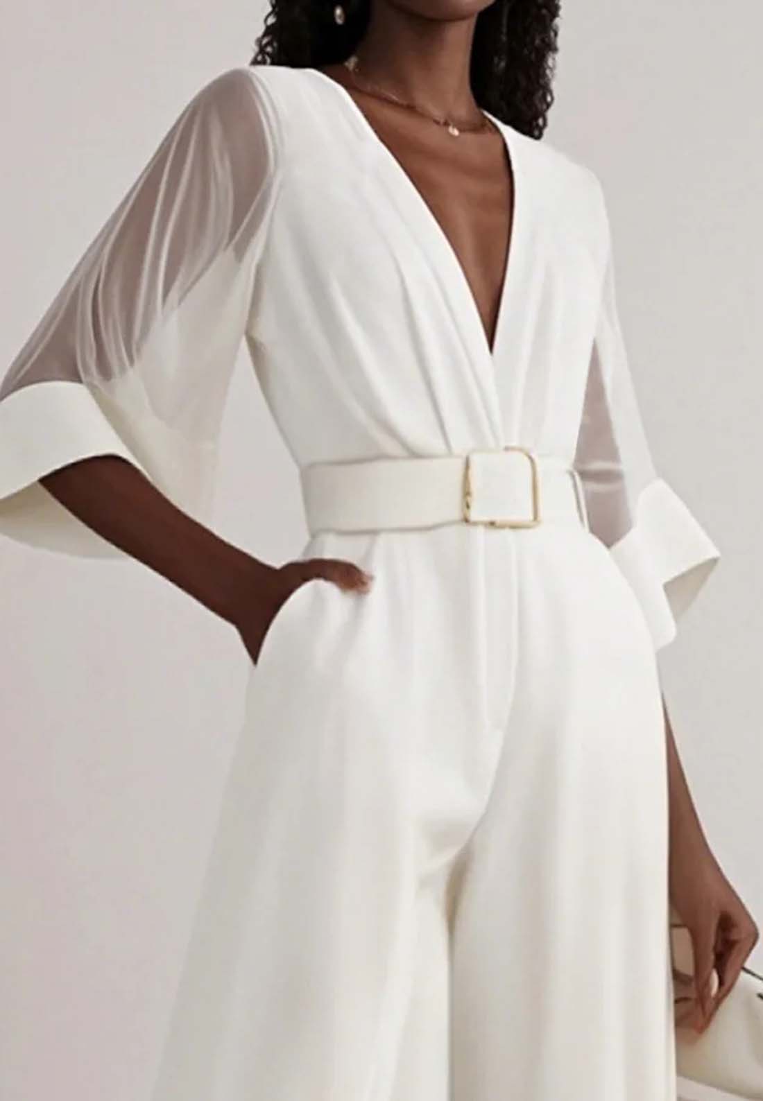 White Mesh V Neck Half Sleeve Plain Wide-Leg Jumpsuit With Belt