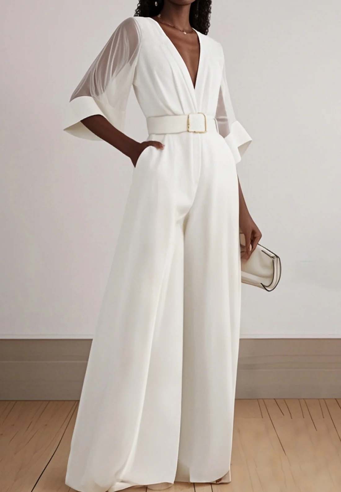 White Mesh V Neck Half Sleeve Plain Wide-Leg Jumpsuit With Belt