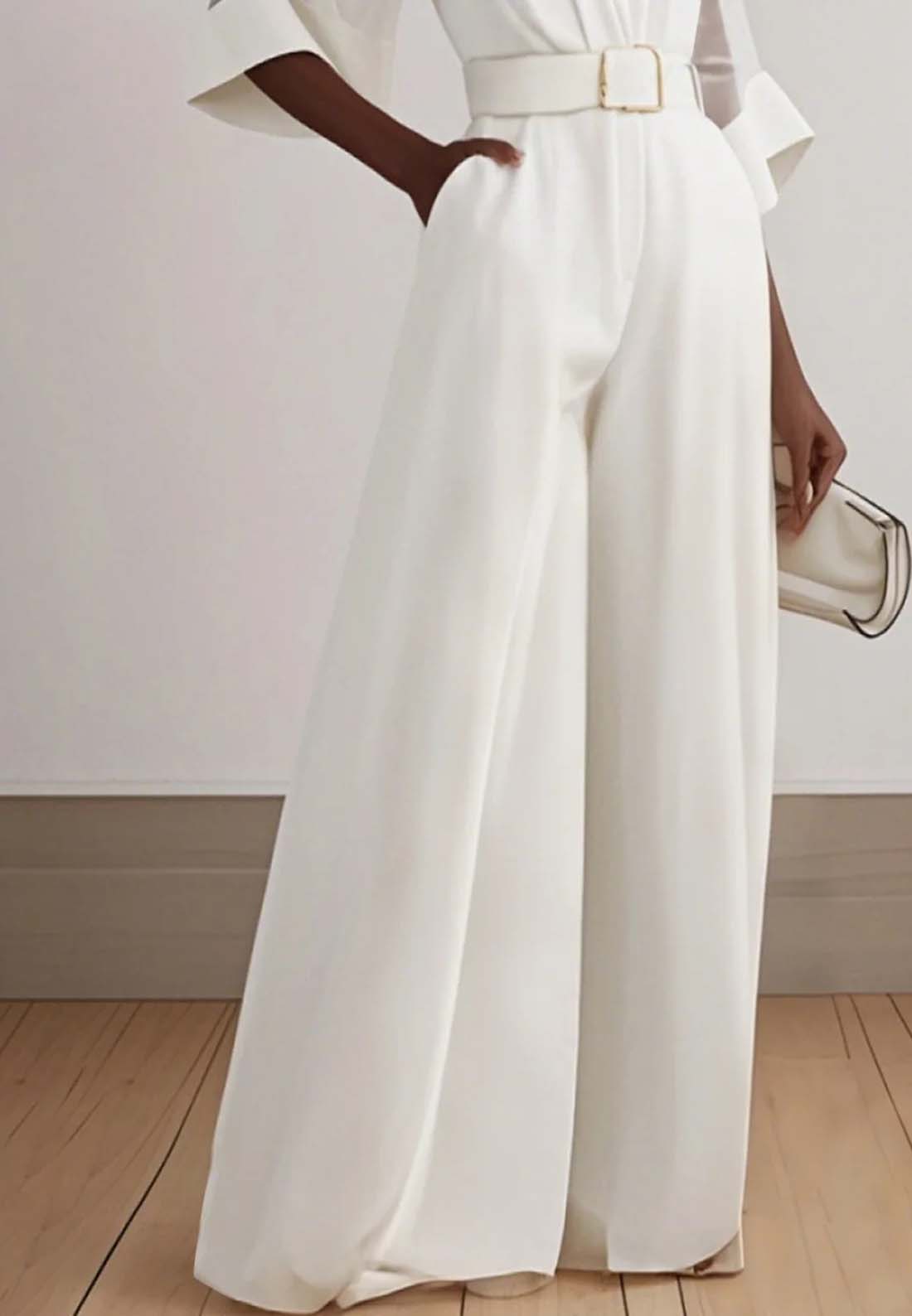 White Mesh V Neck Half Sleeve Plain Wide-Leg Jumpsuit With Belt