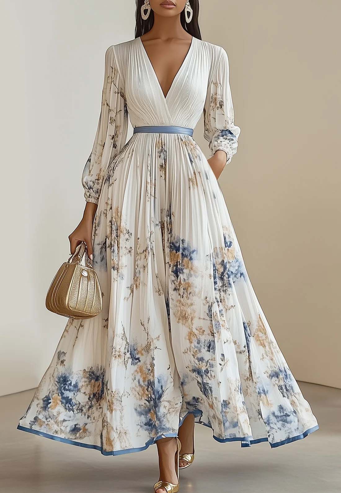 White Pleated Chiffon V Neck Floral Long Sleeve Balloon Sleeve A-Line Maxi Dress