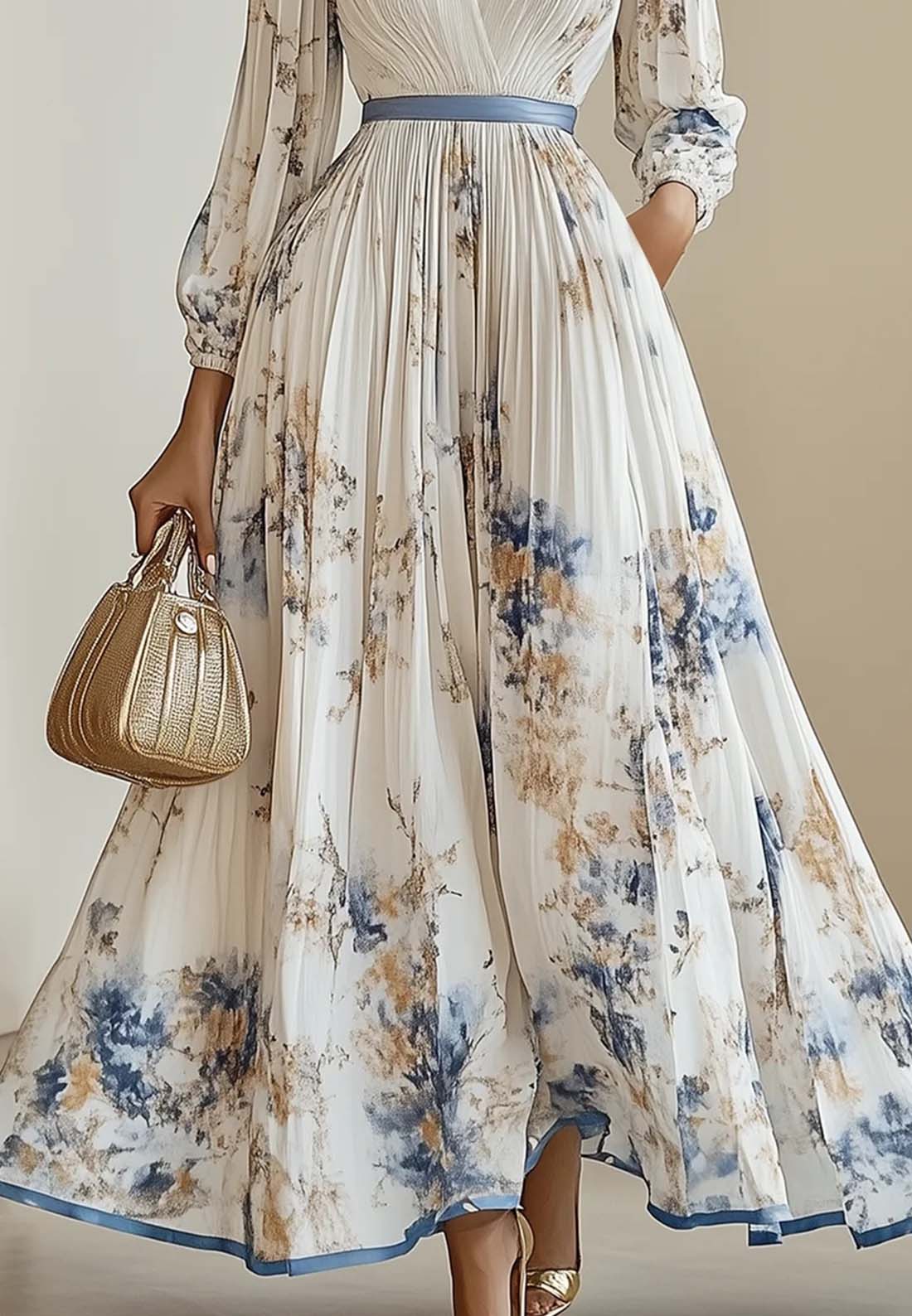 White Pleated Chiffon V Neck Floral Long Sleeve Balloon Sleeve A-Line Maxi Dress