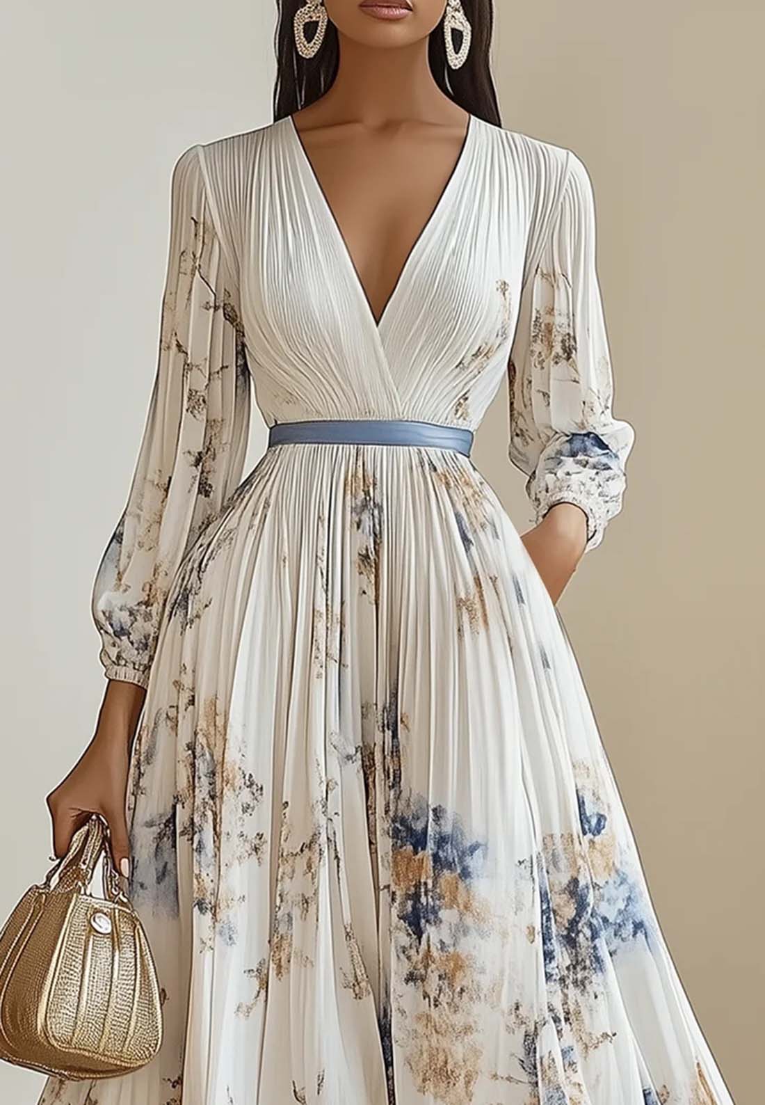 White Pleated Chiffon V Neck Floral Long Sleeve Balloon Sleeve A-Line Maxi Dress
