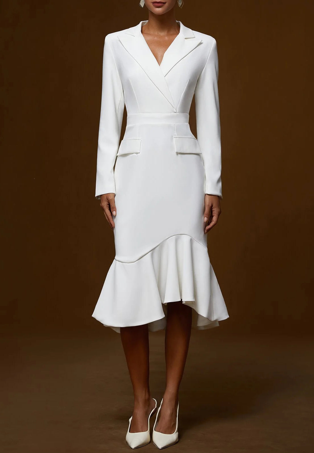 White Ruffled Shawl Collar Mermaid Midi Blazer Dress