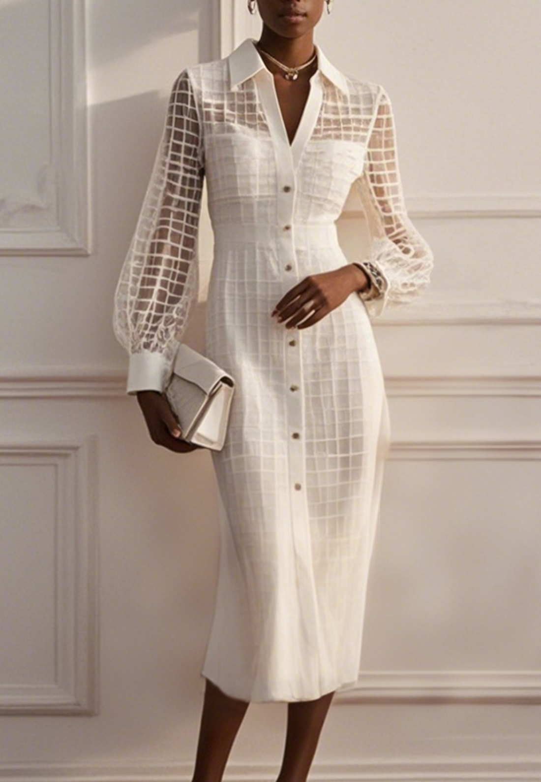 White Shirt Dress Shirt Collar Long Sleeve Balloon Sleeve Sheath Midi Dress