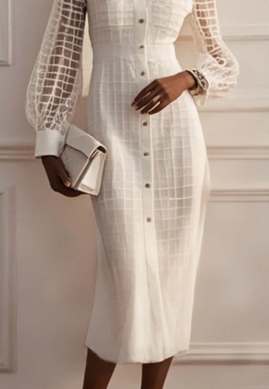 White Shirt Dress Shirt Collar Long Sleeve Balloon Sleeve Sheath Midi Dress