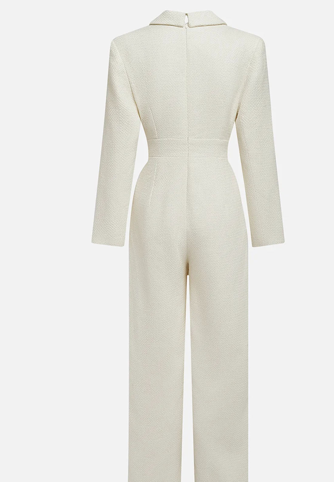 White Tweed Buckle Pocket Stitching Lapel Collar Wide-Leg Jumpsuit