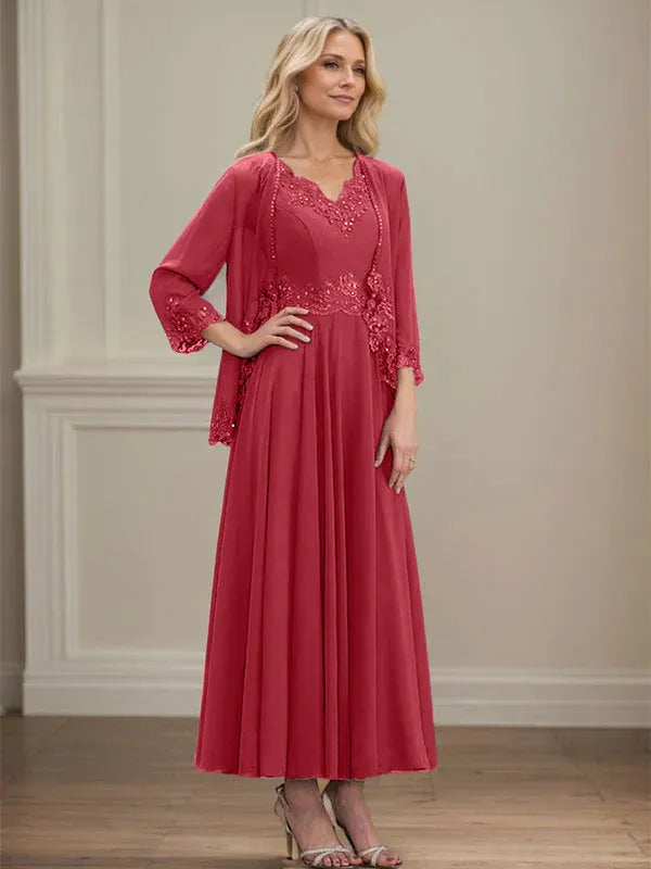A-line V-Neck Ankle-Length Chiffon Mother of the Bride Dress With Sequins Appliques Lace Beading