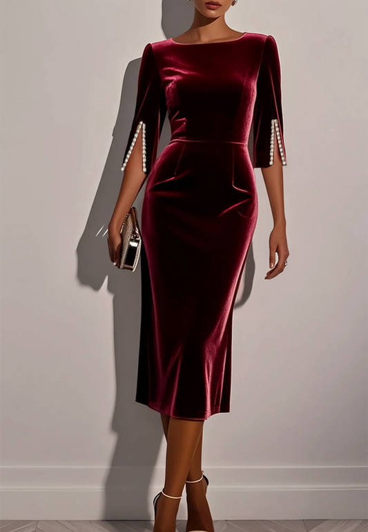 Wine Red Imitation Pearls Velvet Boat Neck Half Sleeve Sheath Midi Dress
