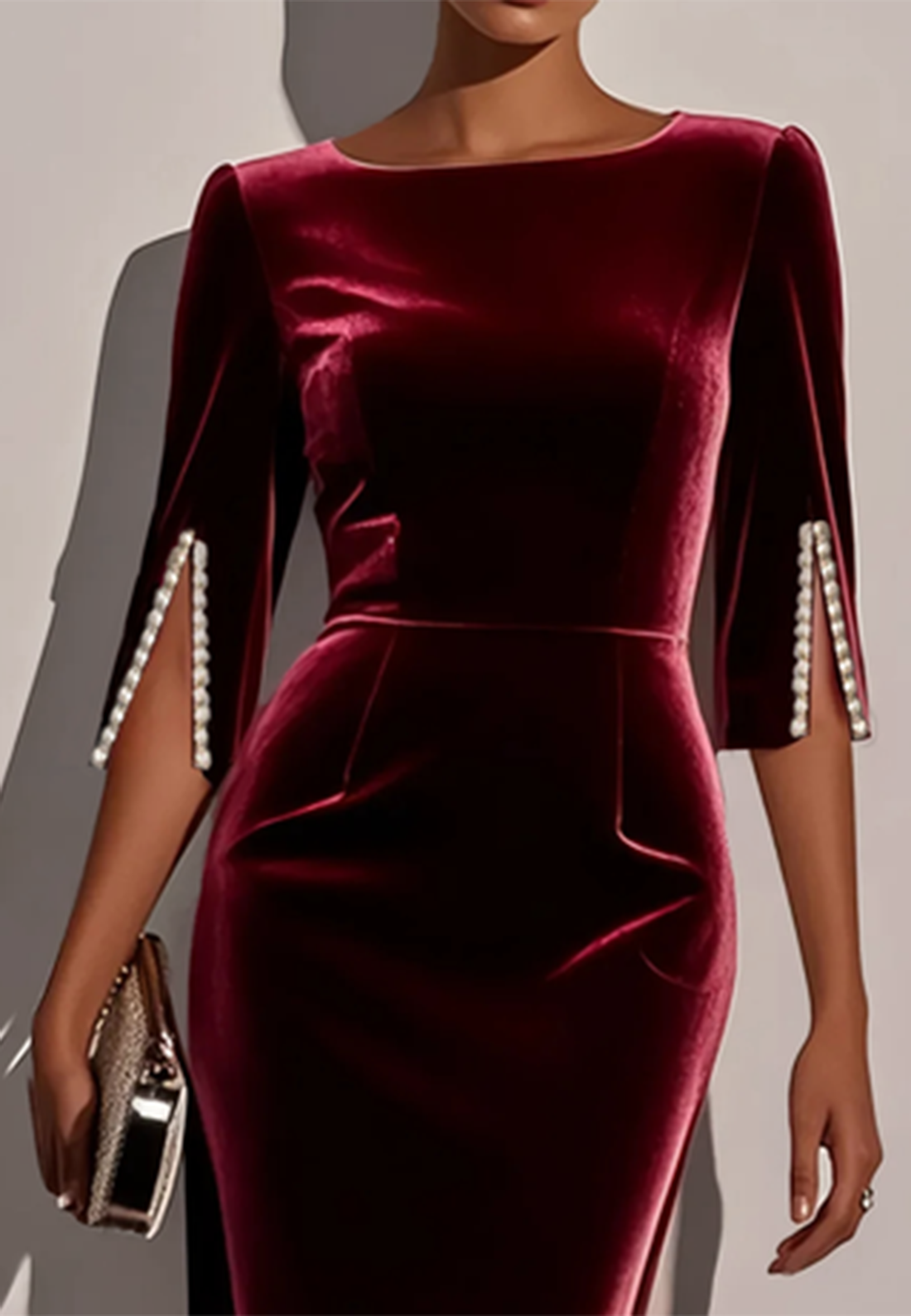 Wine Red Imitation Pearls Velvet Boat Neck Half Sleeve Sheath Midi Dress