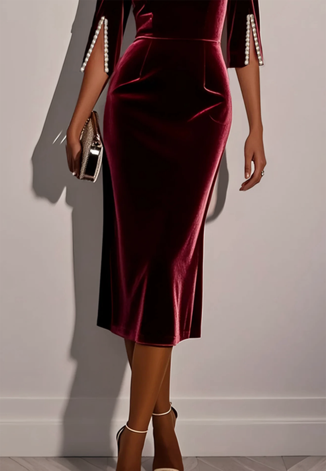 Wine Red Imitation Pearls Velvet Boat Neck Half Sleeve Sheath Midi Dress