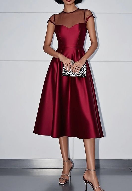 Wine Red Mesh Satin Crew Neck Short Sleeve A-Line Midi Dress