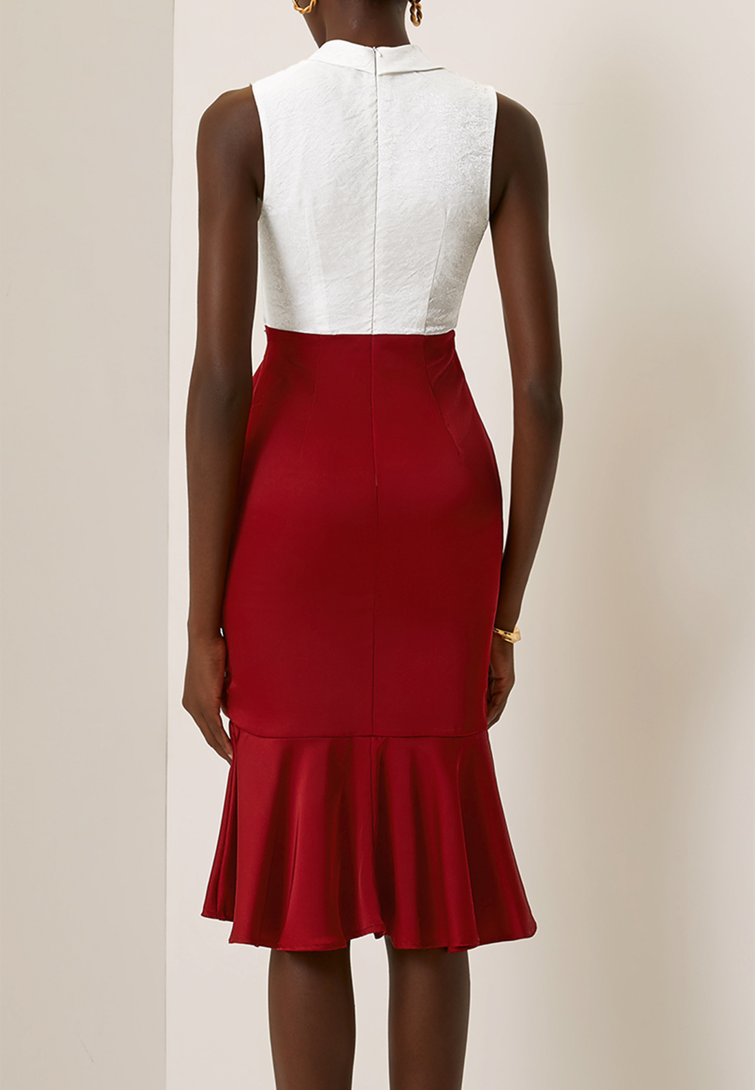 Wine Red Metal Mermaid Skirt Shawl Collar Sleeveless Sheath Midi Dress