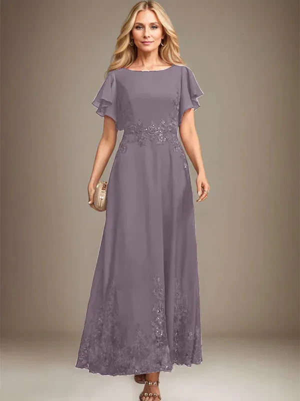 A-line Scoop Ankle-Length Lace Chiffon Mother of the Bride Dress With Sequins
