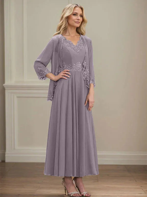 A-line V-Neck Ankle-Length Chiffon Mother of the Bride Dress With Sequins Appliques Lace Beading