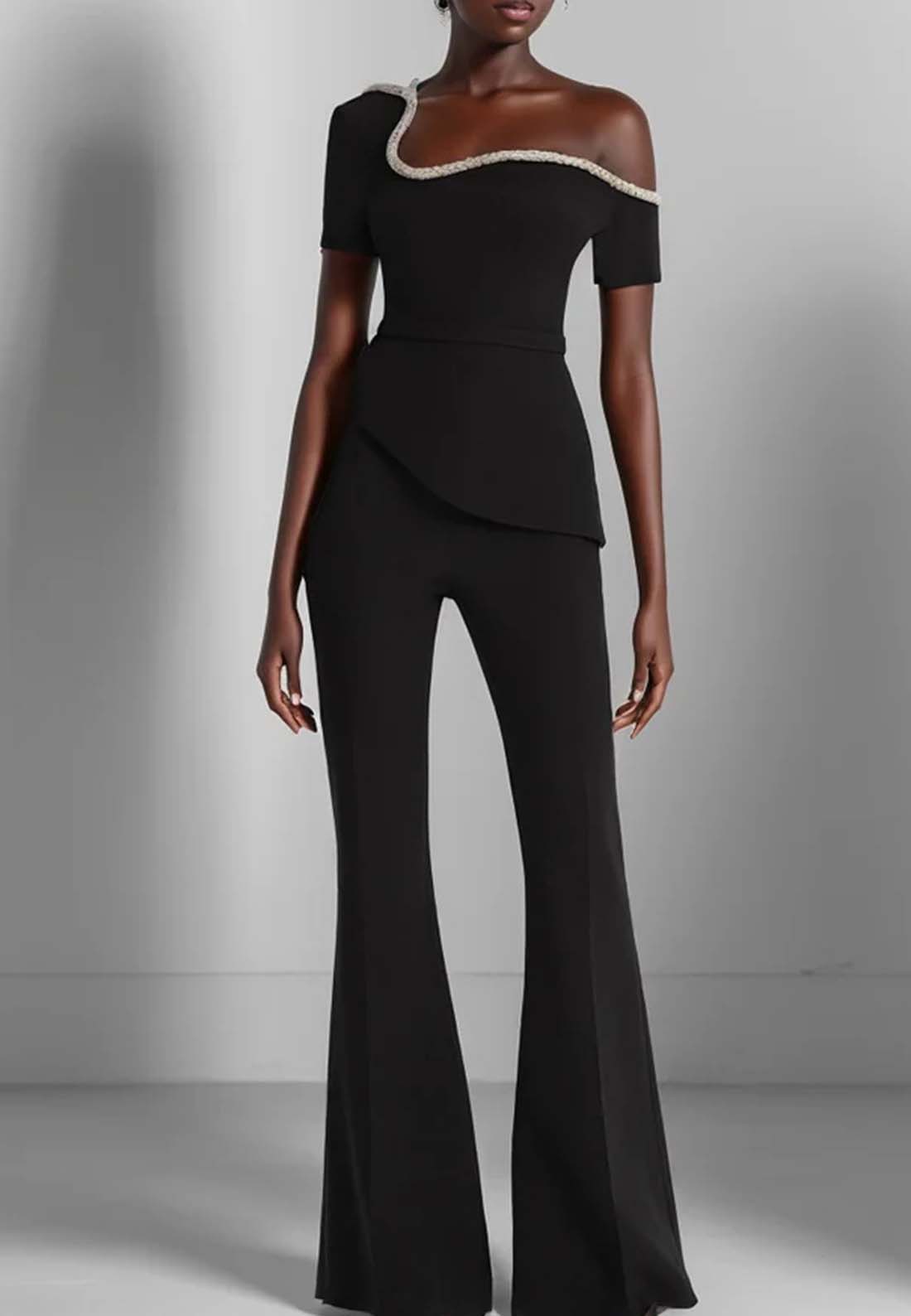 Women Black Asymmetrical Rheinstone Wide-Leg Jumpsuit