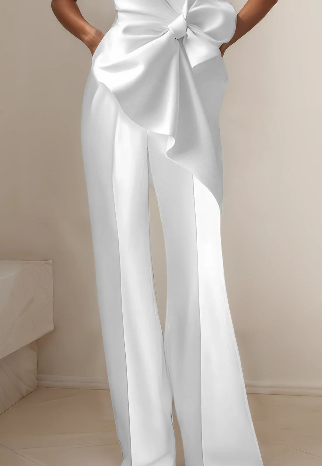 Women White Boat Neck Sleeveless Bow Wide-Leg Jumpsuit
