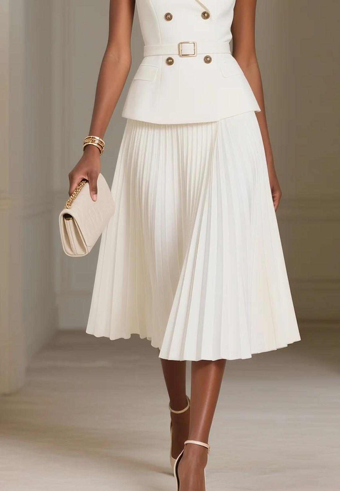Women White Pleated Buckle Peaked Lapel Collar Sleeveless Dressy Top With Skirt