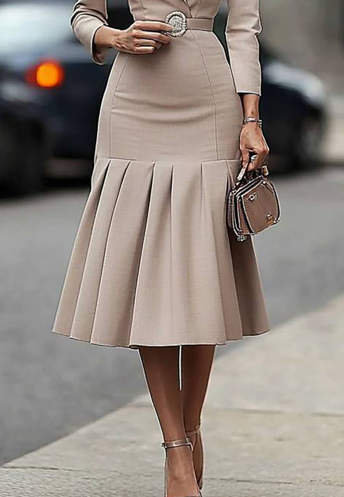 Work Business Blazer Dress Lapel Tie Belt Pleated Midi Dress