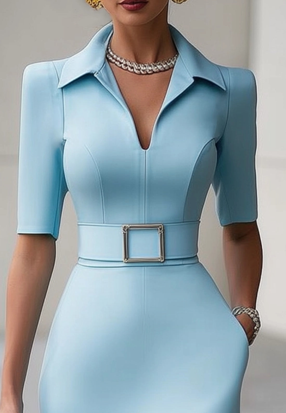 Work Dress Blue V Neck Belted Short Sleeve Midi Dress
