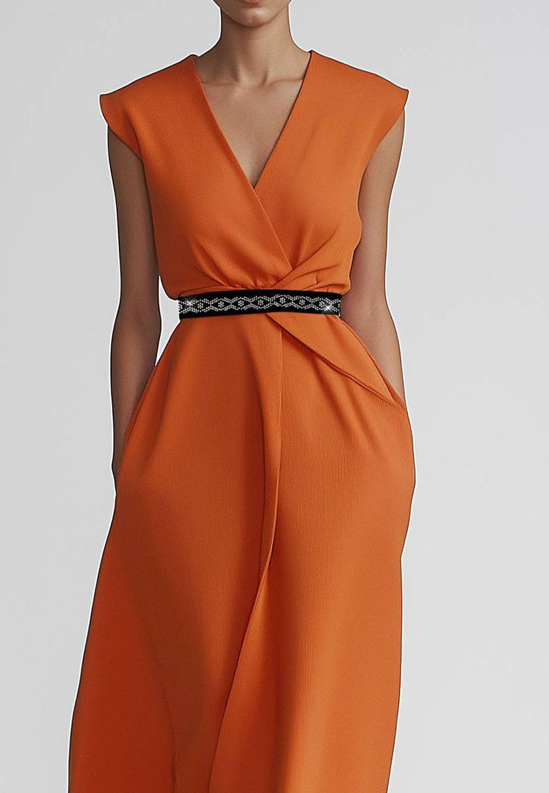 Work Dress V-Neck Sleeveless Belt Sleek A-Line Midi Dress
