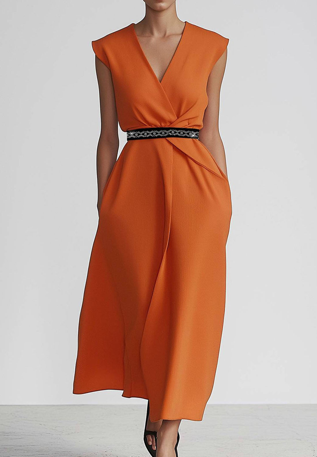 Work Dress V-Neck Sleeveless Belt Sleek A-Line Midi Dress