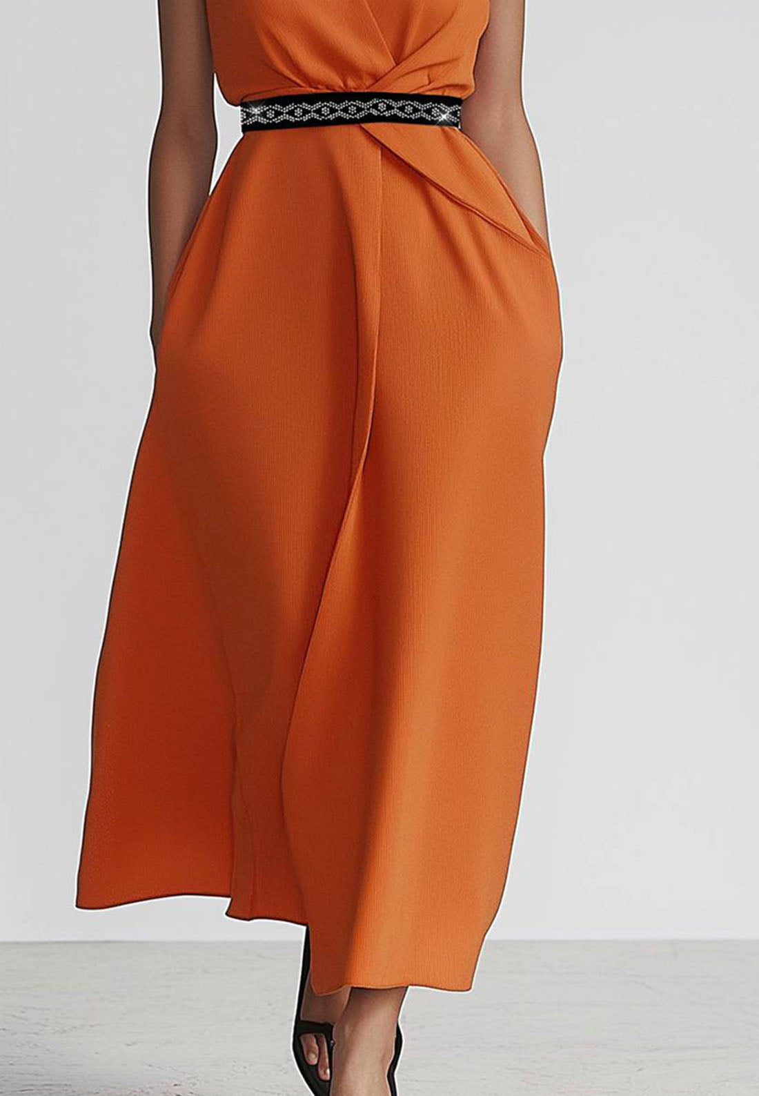 Work Dress V-Neck Sleeveless Belt Sleek A-Line Midi Dress