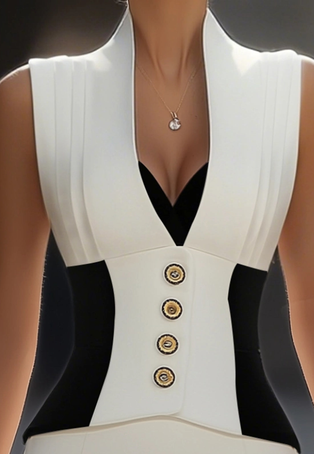 Work Dress Black White V Neck Colorblock Knee-Length Dress