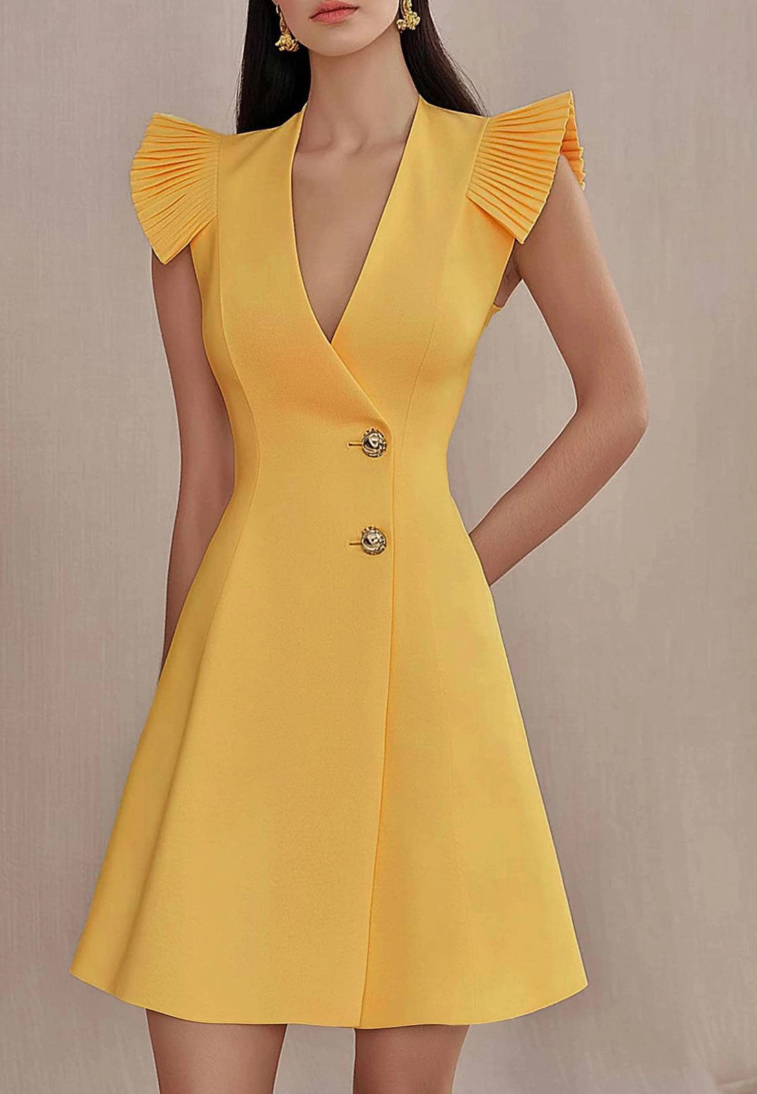 Work Party Dress Yellow Deep V Ruched Sleeve A-Line Mini Dress