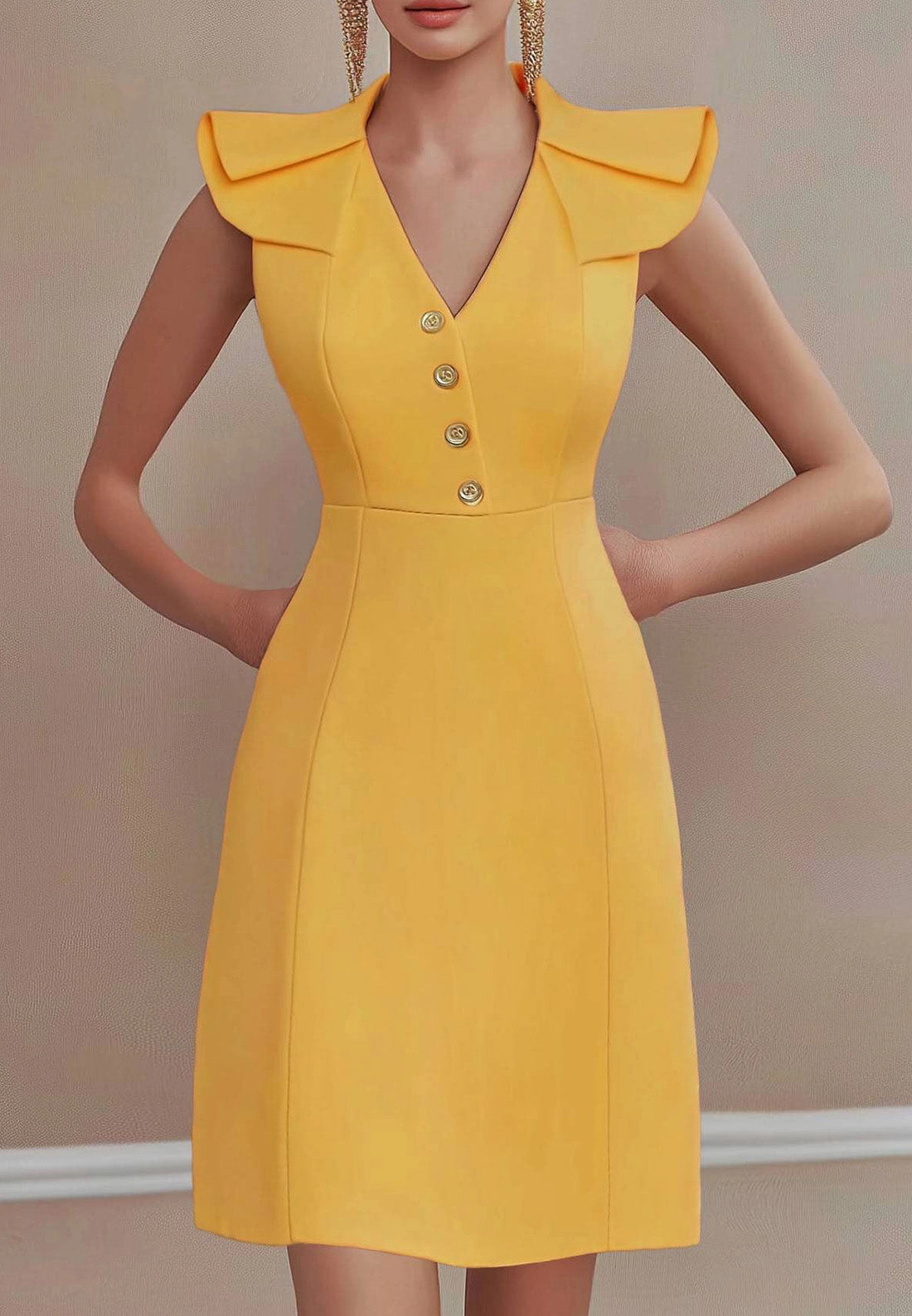 Work Party Dress Yellow V-Neck Ruched Sleeve Mini Dress