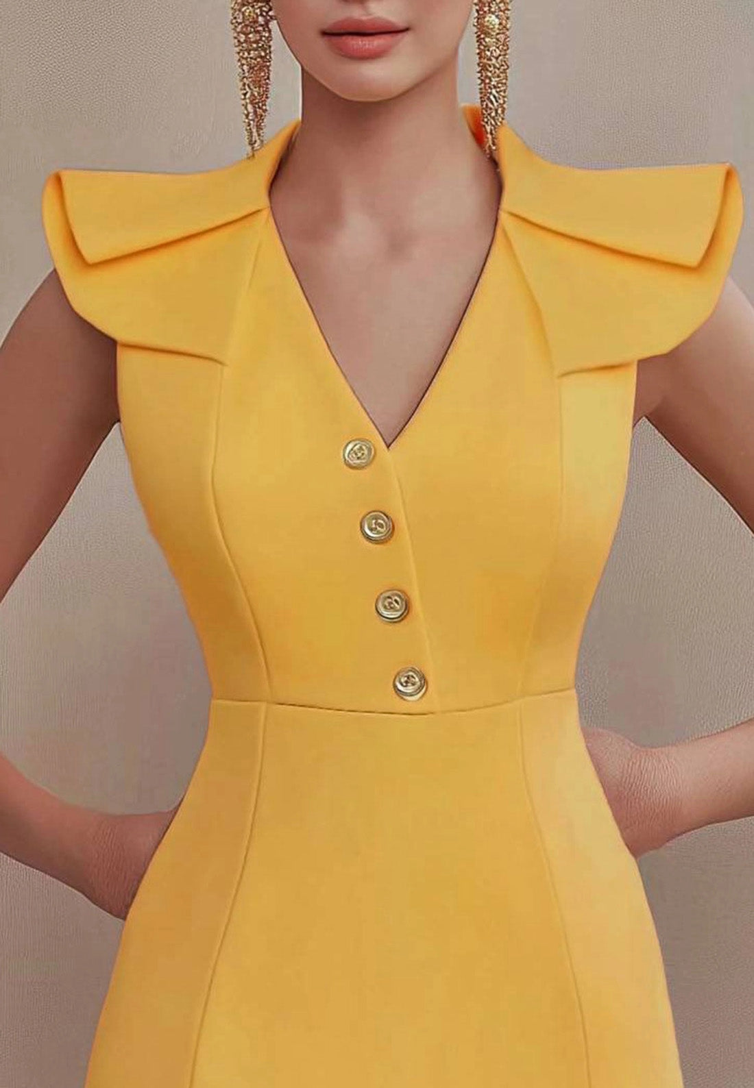 Work Party Dress Yellow V-Neck Ruched Sleeve Mini Dress