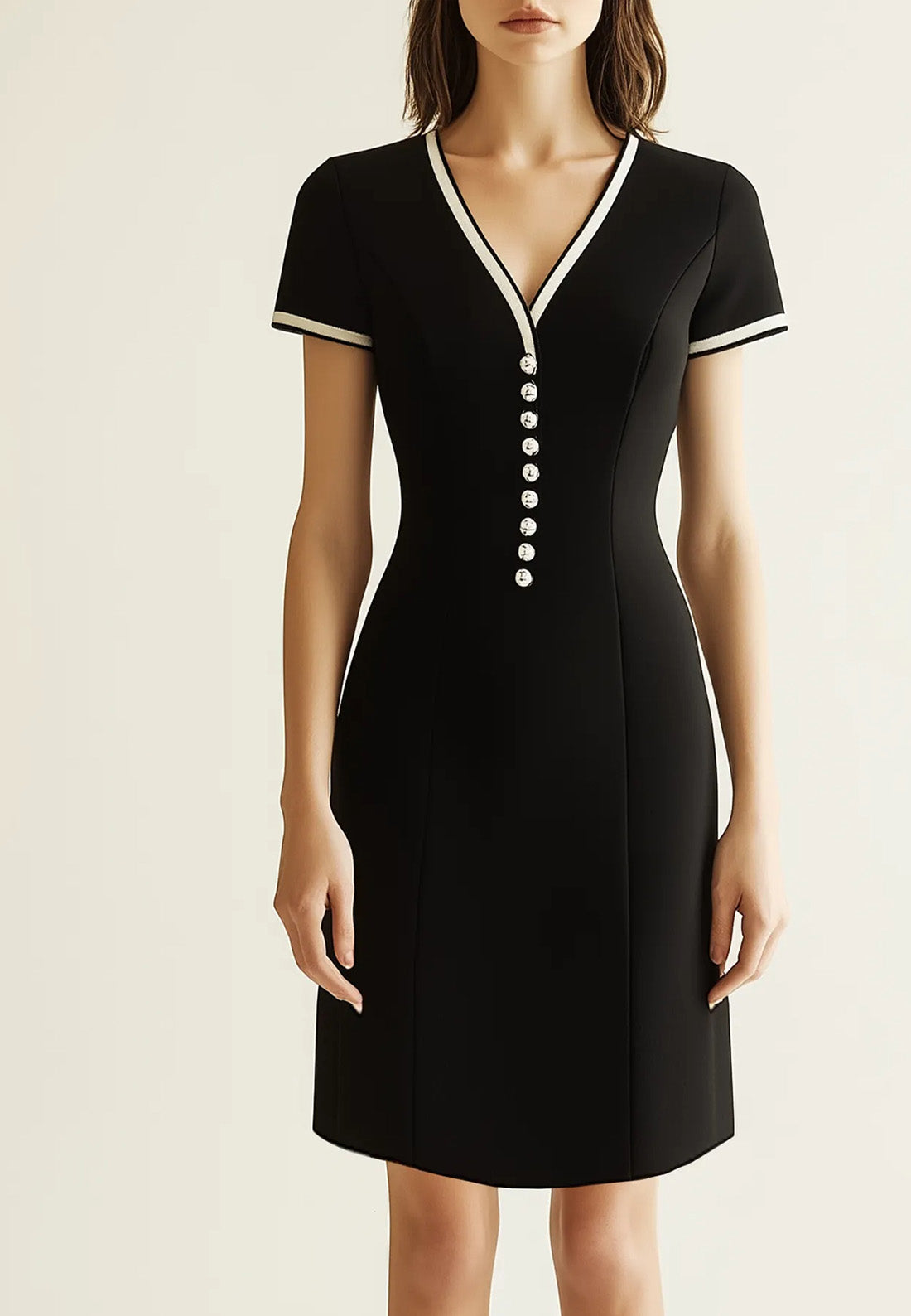 Work Semi-Formal Dress Black V-Neck Short Sleeve Button Mini Dress