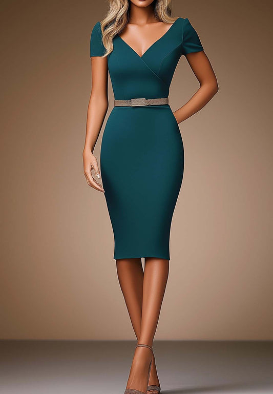 Work Semi-Formal Dress Dark Green V-Neck Fitted Waist Knee-Length Dress