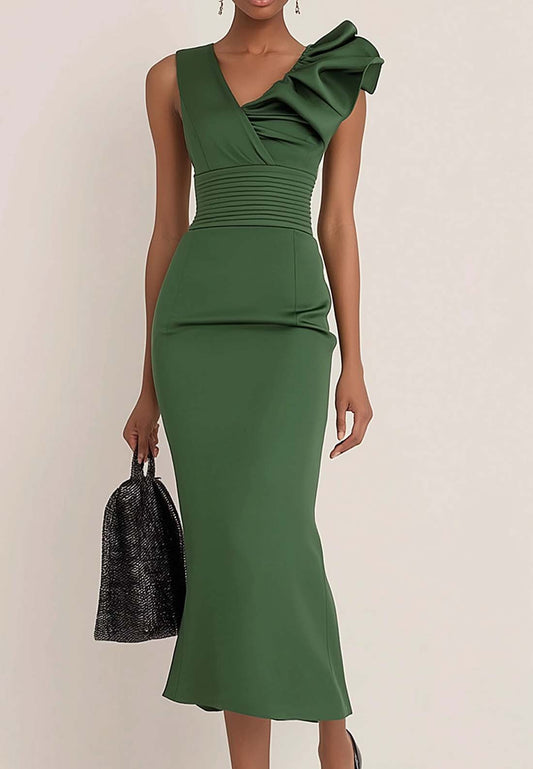 Work Semi-Formal Dress Green Sleeveless Ruffle Fitted Midi Dress