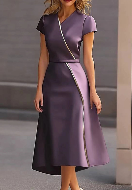 Work Semi-Formal Dress Purple Cross Neck Short Sleeve Midi Dress