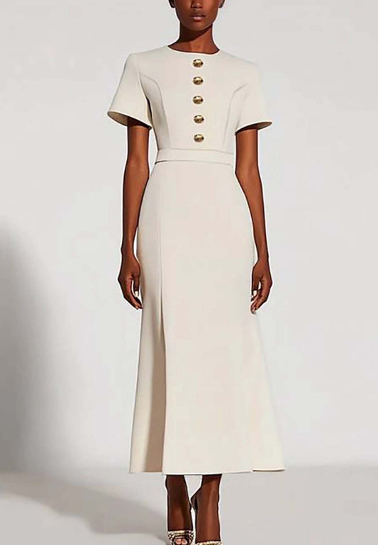 Work Semi-Formal Dress White Round Neck Button Short Sleeve Maxi Dress