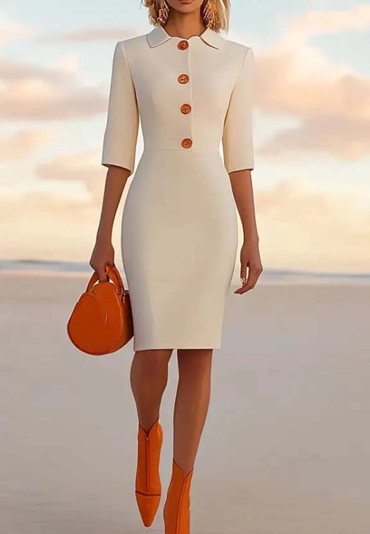 Work Semi-Formal White Dress Long Sleeve Bottoned Lapel Midi Dress