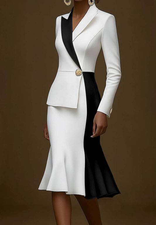 Work V-Neck Blazer Long Sleeves Sleek Work Midi Dress